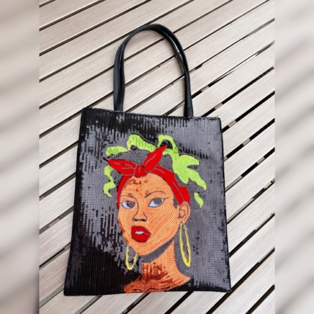 Black sequin tote bag
